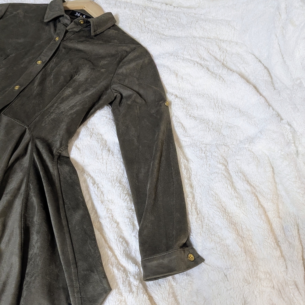 Women's Olive Green Button-Front Flared Suede Shirt Dress - Picture 12 of 14